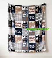 Fendi Navy Blue & Brown Plaid Patchwork FF Logo Flannel Throw Blanket IMG_9479